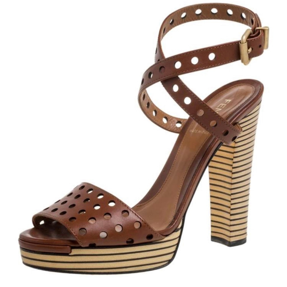Fendi Brown Perforated Ankle Strap Platform Sandals US 9.5 Striped Heel